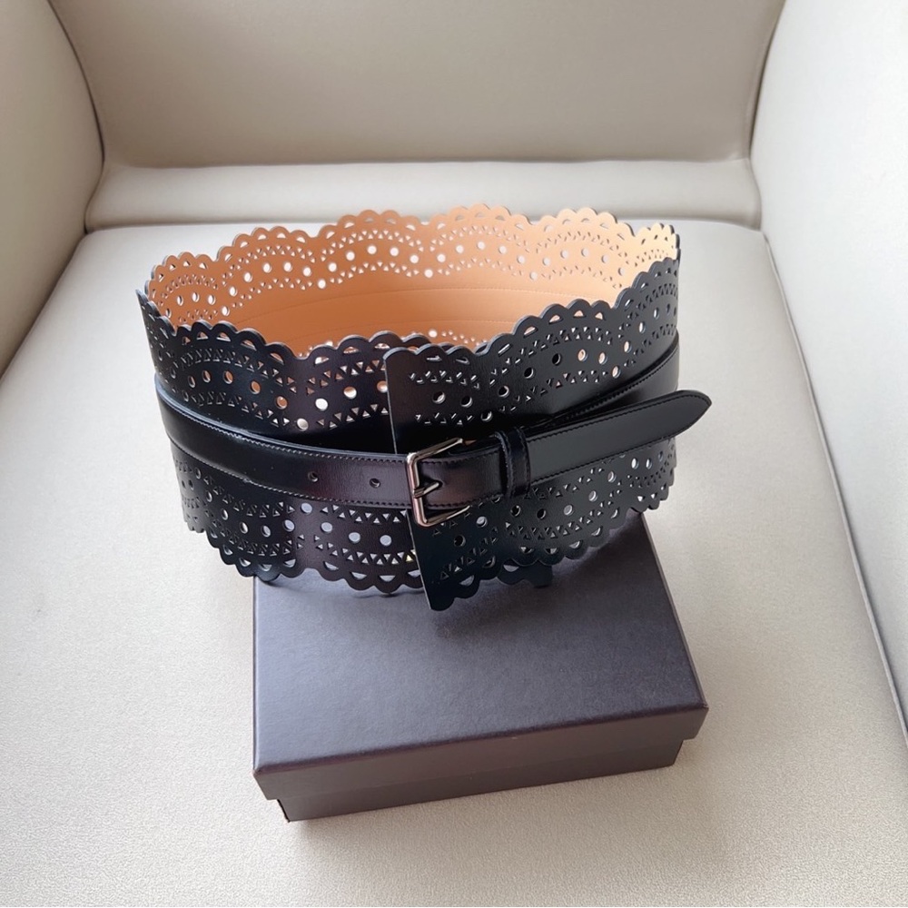 Alaïa Black Laser-Cut Scalloped Wide Leather Belt